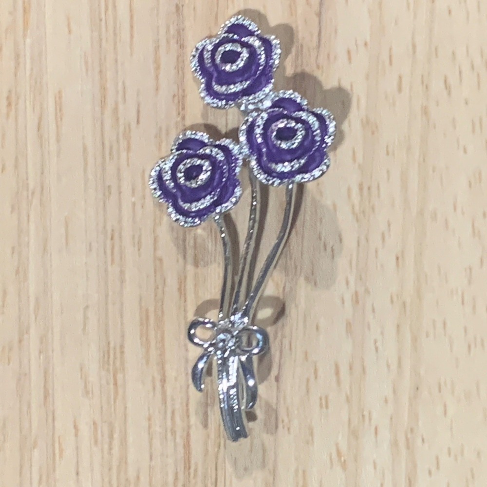 Vintage Style Purple Enamel Rose Flower Brooch Silver Tone Bow Pin Accessory